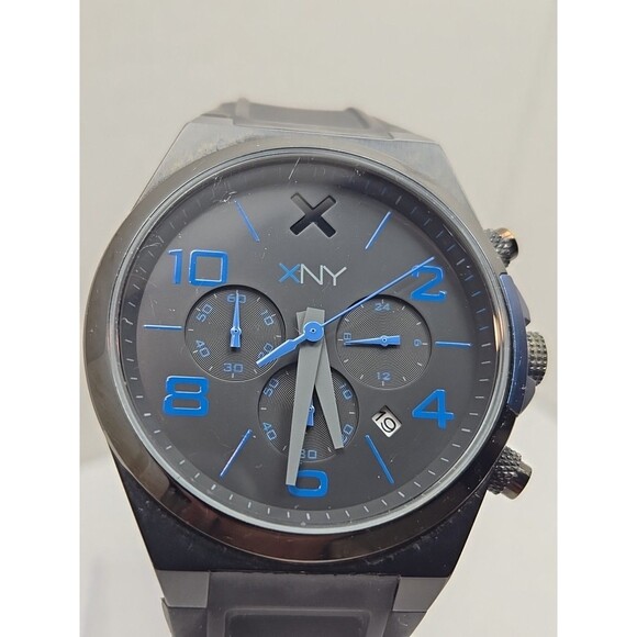 XNY by Seiko Chronograph Watch 46mm Black Blue Date Rubber Strap New Battery - Picture 4 of 10